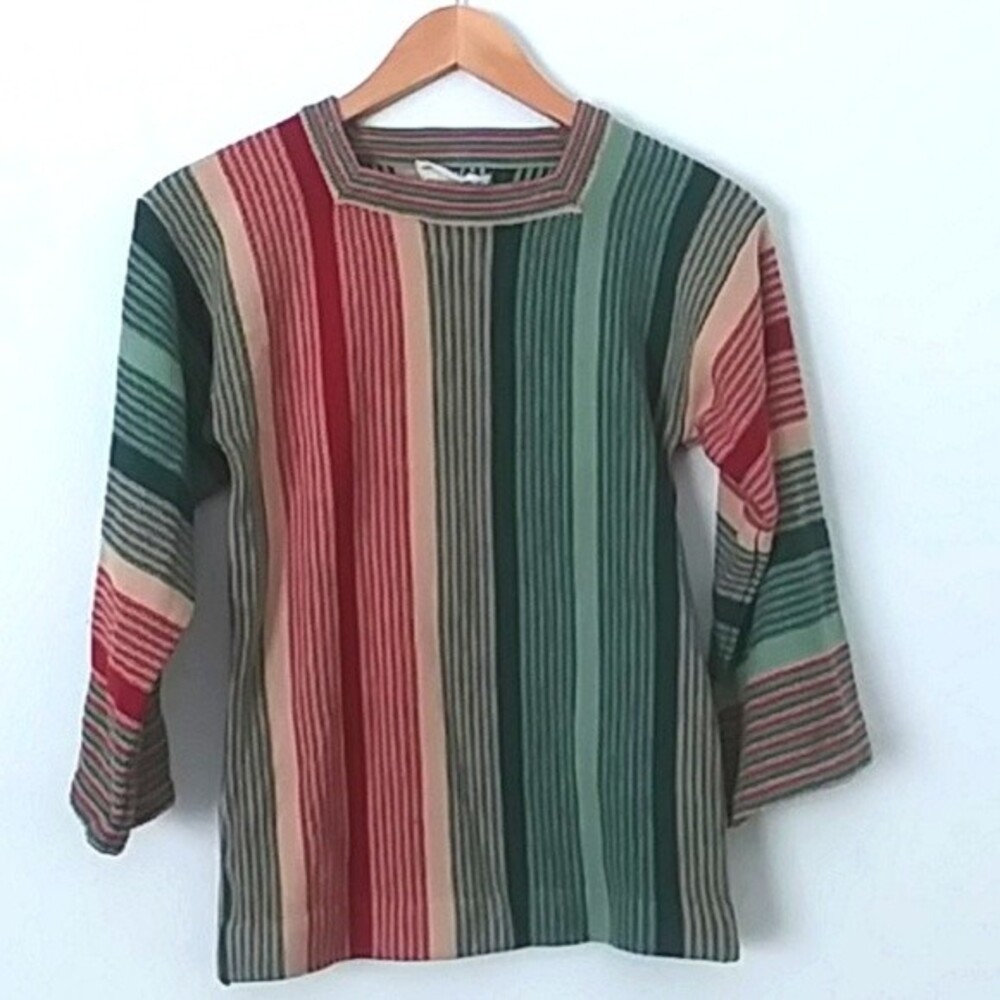 Vintage 70s Donnkenny Sweater, Green Red Tan Stripes